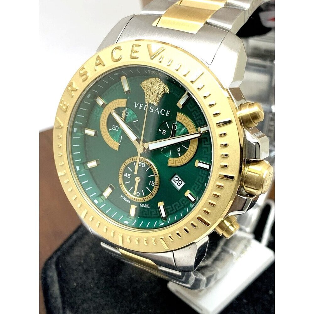 Versace Men's Watch VE2E00421 Swiss Quartz Chronograph Green Dial Two Tone Steel
